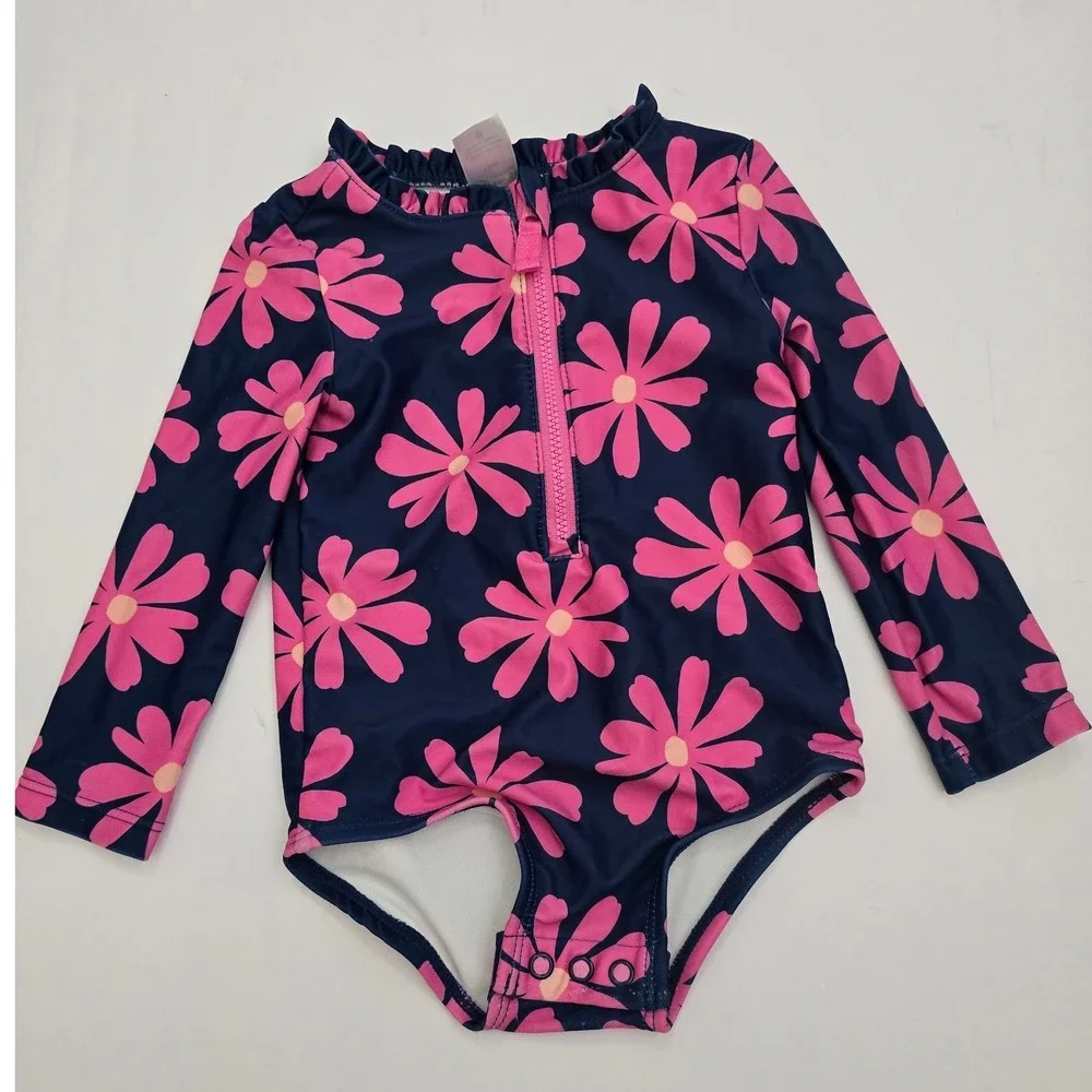 Carters Just One You 12M Navy Pink Daisy Long Sleeve Rash Guard Swimsuit Snap